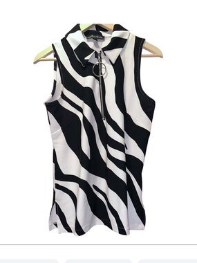 Boston Proper Black and White Zebra-Print Zip Polo Tank